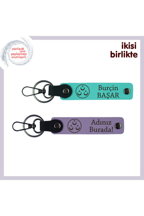 Sadece Ona Ait Bir Hediye – Üç Ayyıldız Temalı Kişiye Özel Deri Anahtarlık Seti, Turkuaz-Mor