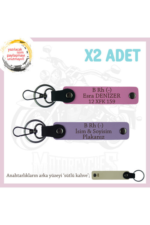 Motor Severlere Özel Tasarım, İsim Plaka Ve B Rh (-) Kan Grubu X2' Li Set Anahtarlık, Mor-Pembe-Sk