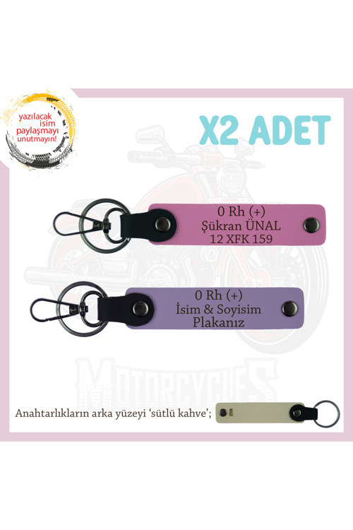 Motor Severlere Özel Tasarım, İsim Plaka Ve 0 Rh (+) Kan Grubu X2' Li Set Anahtarlık, Mor-Pembe-Sk