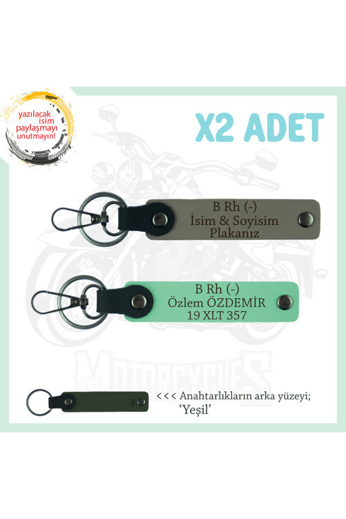 Hız Aşıkları İçin İsim Plaka Ve B Rh (-) Kan Grubu Yazılı Hediyelik X2 Anahtarlık, Kül Gri-Yeşil-Ysl