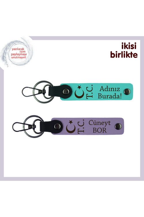 Sadece Ona Ait Bir Hediye – Ay Yıldız Tc Temalı Kişiye Özel Deri Anahtarlık Seti, Turkuaz-Mor