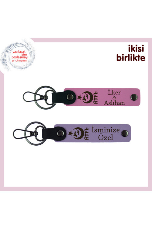Ömürlük Hatıra – Ayyıldız Kurt Göktürk, Kişiselleştirilebilir Deri Anahtarlık Seti, Pembe-Mor