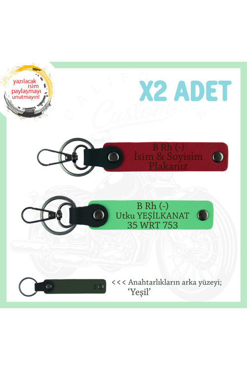 Biker Stiline Özel, İsim Plaka Ve B- Kan Grubu Yazılı Anlamlı Motor X2 Anahtarlık, Kırmızı-Mavi-Ysl