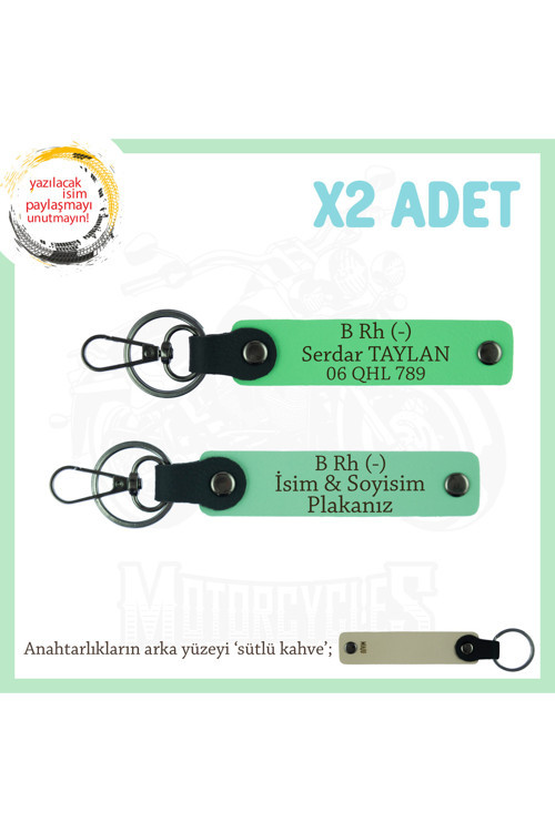 Motosiklet Aşıklarına Özel, İsim Plaka Ve B Rh (-) Kan Grubu Yazılı X2 Anahtarlık, Yeşil-F Yeşil-Sk