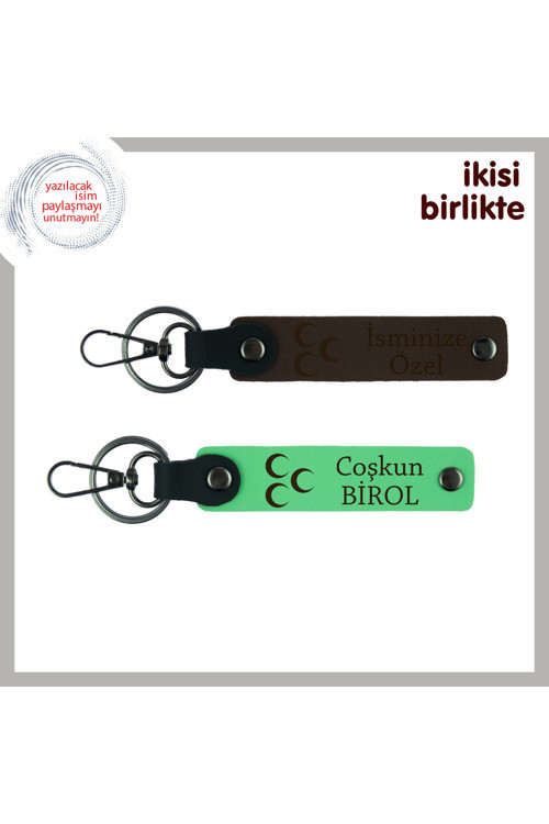 Aileye Hatıra Hediye – Üç Hilal Desenli İsimli Anahtarlık Takımı, Koyu Kahve-Yeşil