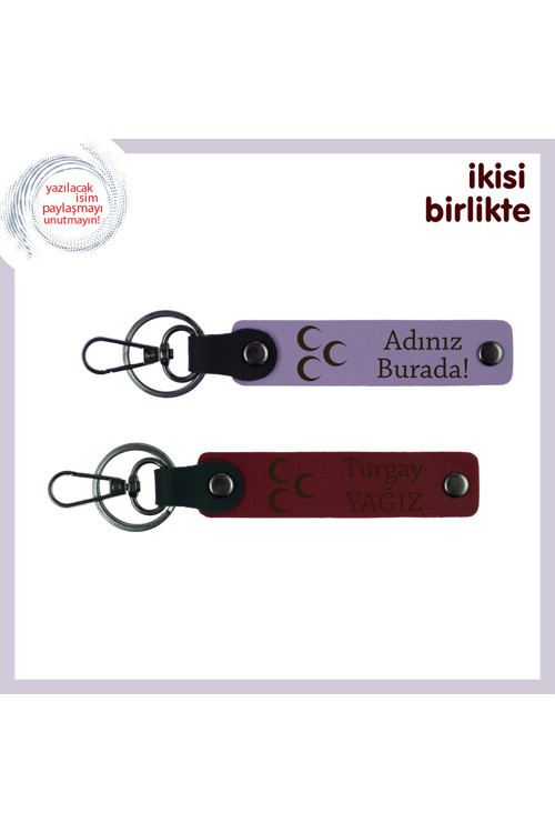 Üç Hilal Temalı İsme Özel Anahtarlık Seti – Şık Tasarım Hediyelik, Mor Menekşe-Bordo