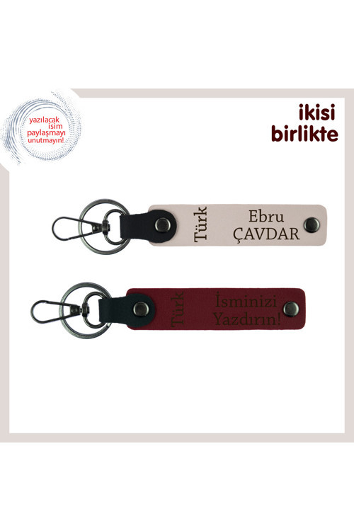 Türk Yazısı Temalı Eşe Özel İsim Yazılabilir Anahtarlık Takımı Anlamlı Hediye, Pudra-Bordo