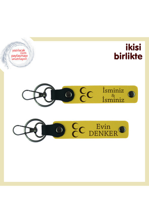 Sevgiline Anlam Yüklü Sürpriz – Üç Hilal Deri Anahtarlık Takımı, İsme Özel, Sarı-Sarı