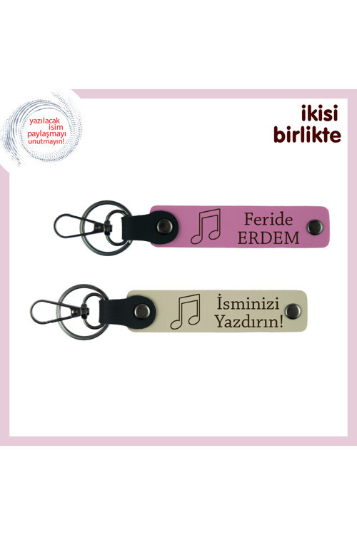 Koro Anılarına Yakışır Sade Hatıra, Nota Motifli Deri Anahtarlık Set, İsim Yazılı, Pembe-Sütlü Kahve