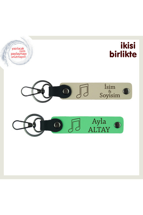 İki Kalp Bir Nota Gibi, İsim Yazılabilir Deri Anahtarlık Takımı, Sütlü Kahve-Fıstık Yeşil