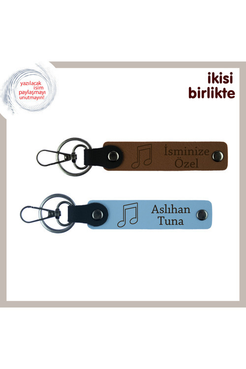 Hayatın Ritmini Yansıtan Armağan, Notalı Yazılabilir Deri Anahtarlık Seti, Açık Kahve-Gök Mavi