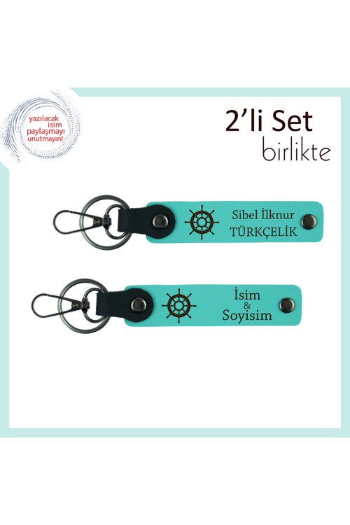 Kaptan Gibi Yön Gösteren Sevgiliye, Gemi Temalı Deri Anahtarlık Takımı, Turkuaz-Turkuaz
