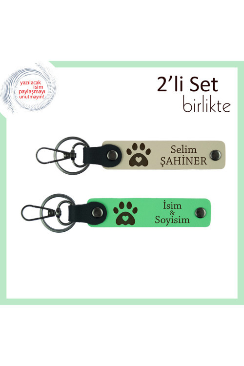 Köpeğinizin İsmine Özel Yazılı Anahtarlık, Kalpli Pati Figürlü 2'Li Set, Sütlü Kahve-Fıstık Yeşil