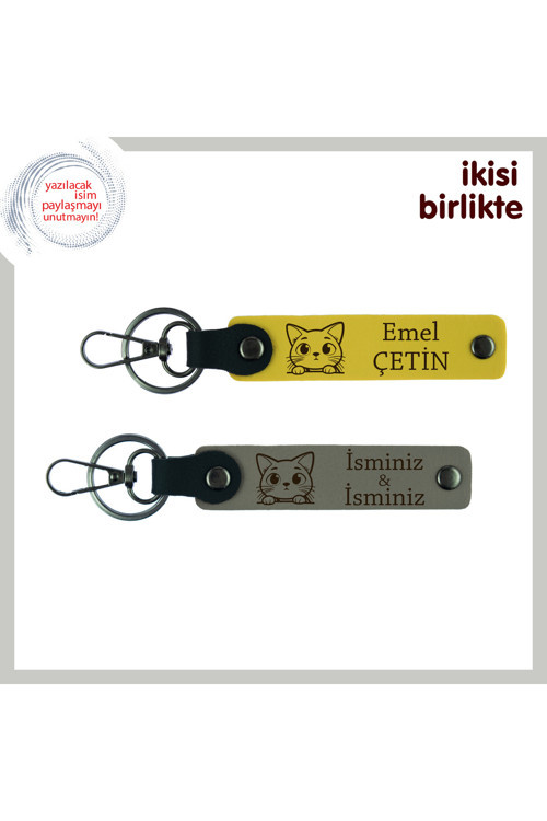 Minik Dosta Minnet İfade Eden Hediyelik, Kedili Deri Anahtarlık Takımı 2'Li Set, Sarı-Kül Gri