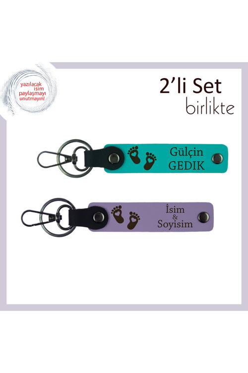 Yeni Doğum Yapan Annelere Özel Kalpli Ayak Temalı Anahtarlık, İsim Yazılabilir Set, Koyu Turkuaz-Mor
