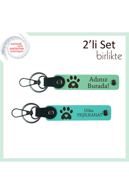 Hayvan Sevgisini Taşıyan Tasarım, Pati Kalpli Kişisel Anahtarlık Takımı, Açık Yeşil-Turkuaz
