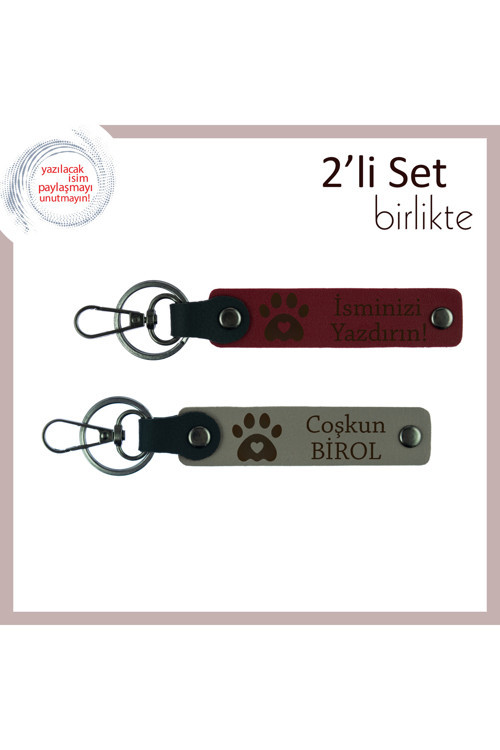 Sevgiyle İz Bırakanlara Uygun Hediye, Kalpli Pati Motifli Anahtarlık Takımı, Bordo-Kül Gri