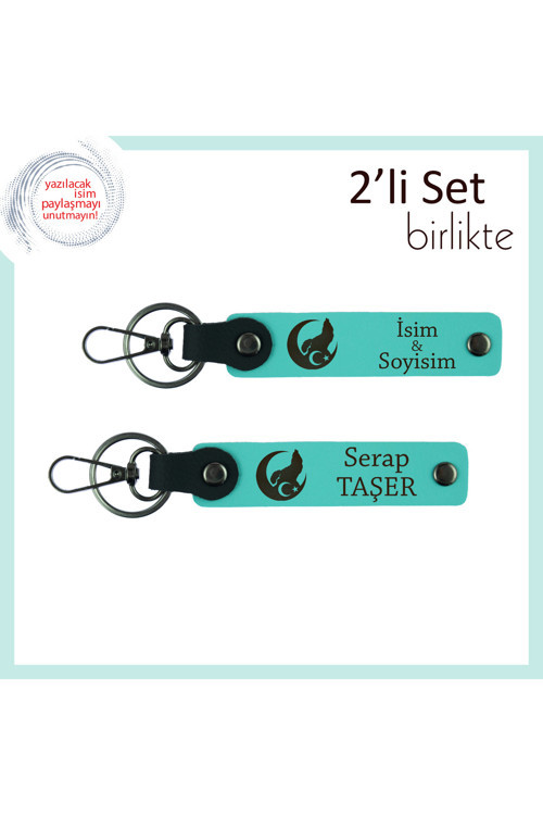 Milli Ruhu Yansıtan Hediye, Bozkurt Ve Ayyıldız Deri Anahtarlık Takım İsim Yazılı, Turkuaz-Turkuaz
