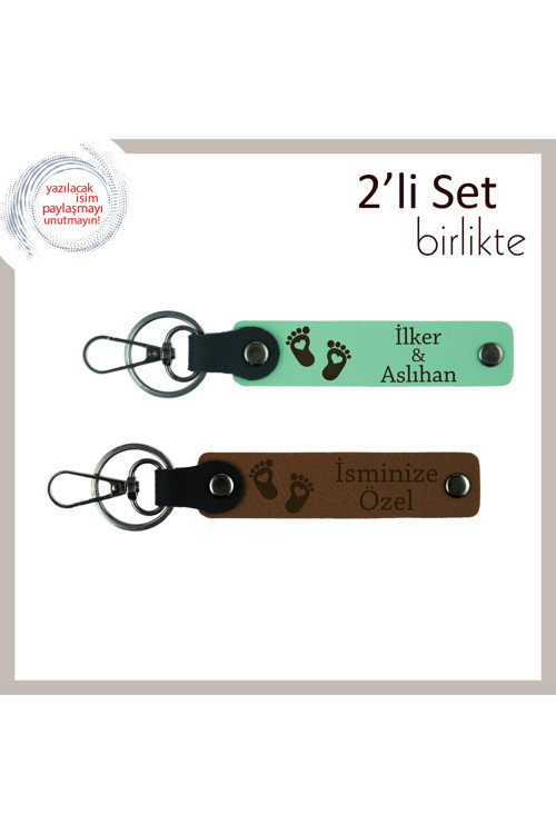 Anneye Duygusal Ve Sevimli Sürpriz, Kalpli Bebek Ayağı Motifli Anahtarlık Set, Açık Yeşil-Açık Kahve