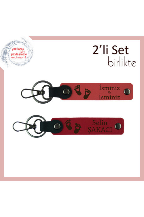 Yeni Bebek Sahibi Olmuş Aile İçin İsim Yazılı Kalıcı Hediye, Kalp Motifli Anahtarlık, Nar-Kırmızı