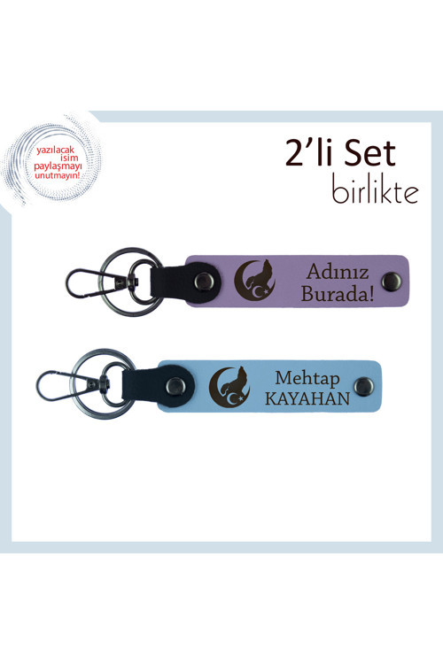 Bozkurt Ve Ayyıldız Motifli Anahtarlık Seti – Kişiye Özel Yazılabilir Hediye, Mor Menekşe-Gök Mavi