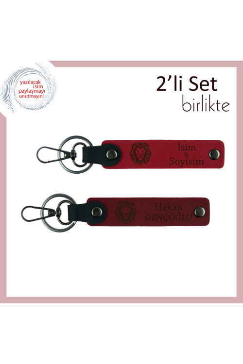 Stil Ve Gücün Buluştuğu Hediye, Aslan Temalı Yazılabilir Anahtarlık Seti, Kırmızı-Bordo