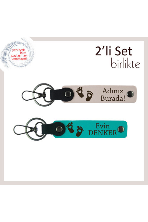 Yeni Bebeğin İsmini Üzerinde Taşıyan Kişisel İsimli Anahtarlık, Kalp Motifli Set, Pudra-Koyu Turkuaz