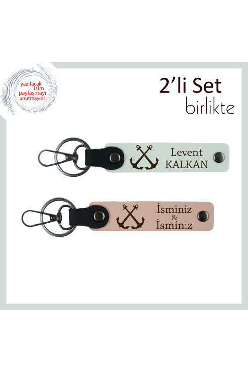 Denizci Tarzını Yansıtan İsme Özel Deri Anahtarlık, Çapa Figürlü 2’Li Hediyelik, Beyaz-Yavru Ağzı