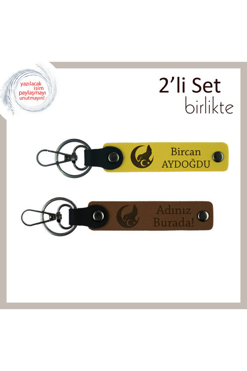 Aşkı Yaşat – Bozkurt Ve Ayyıldız Desenli Kişisel Deri Anahtarlık Hediyelik Set X2, Sarı-Kahve