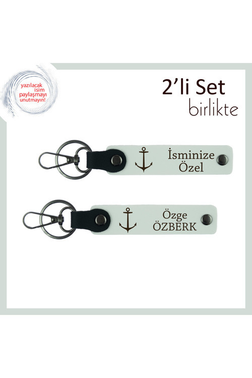 Gemici Çıpası Temalı Deri Anahtarlık Seti, İsme Özel Denizci Hediye Seçeneği, Beyaz-Beyaz