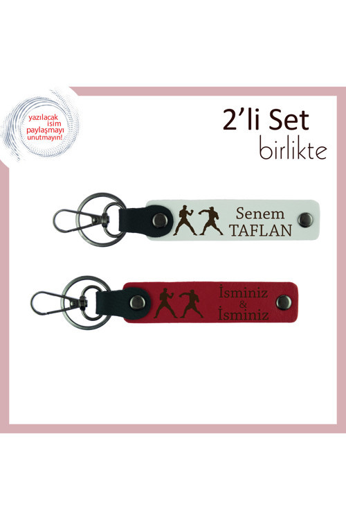 Dövüşçü Tarzına Uygun, Boks Desenli, İsme Yazılabilir Anahtarlık Hediye Seti, Beyaz-Kırmızı