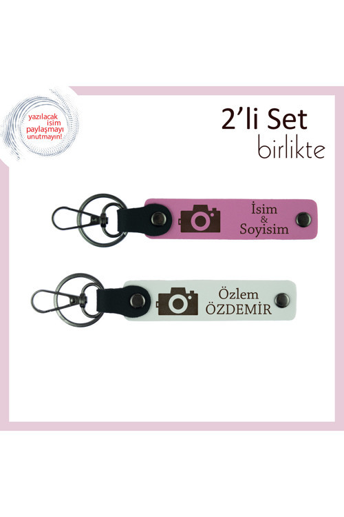 Her Kareye Değer Kat, Kamera Motifli, Kişisel Yazılı Deri Anahtarlık Hediyesi, Pembe-Beyaz