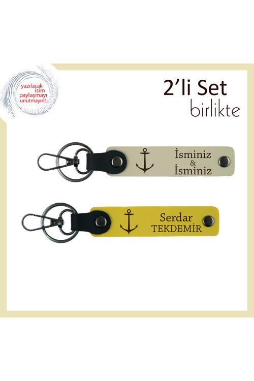İsme Özel Çapa Temalı Anahtarlık Takımı, Denizcilik Motifli Deri Set, Sütlü Kahve-Sarı