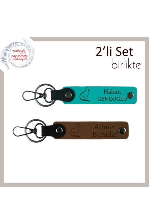 Tatlı Miyavlarla Gülen Kalplere, Patili Desenli, Kişisel Anahtarlık, Koyu Turkuaz-Açık Kahve