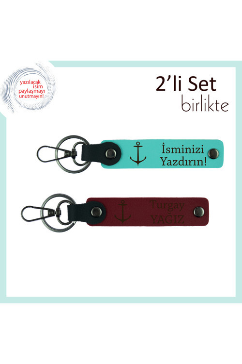 Denizcilik Temalı Şık Tasarım, Gemici Figürlü İsme Özel Deri Anahtarlık, Turkuaz-Bordo