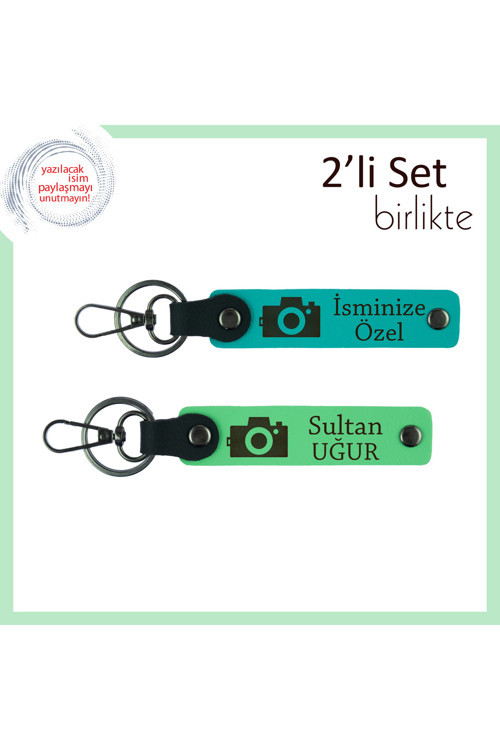 Kameraya Gülümseyenlere Hediye, İsme Özel 2’Li Anahtarlık Seti, Koyu Turkuaz-Fıstık Yeşil