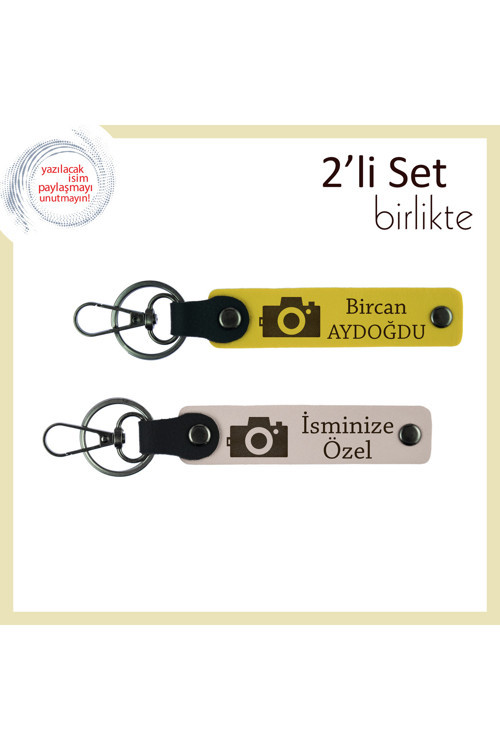 Deklanşöre Basanlar İçin, Kamera Temalı, Kişiye Özel 2’Li Anahtarlık Hediyesi, Sarı-Pudra
