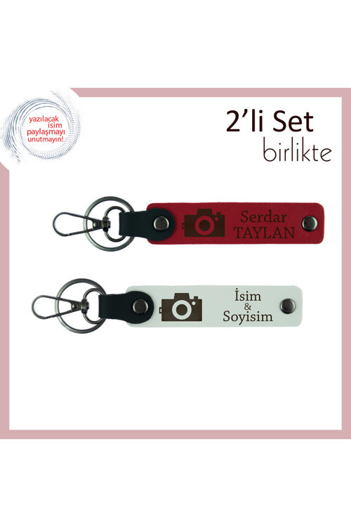 Çekilen Her Karede Aşk, Kamera Motifli Kişiselleştirilebilir İsimli Anahtarlık Takımı, Kırmızı-Beyaz