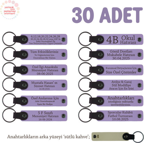 Okul Aile Birliği Toplantıları İçin Sınıf Öğrenci İsmine Özel, 30'Lu Anahtarlık Set, Mor & S Kahve