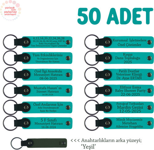 Sünnet Töreni İçin İsim Yazılabilen Anı & Hatıra Anahtarlıkları 50’Li Set, Koyu Turkuaz & Yeşil