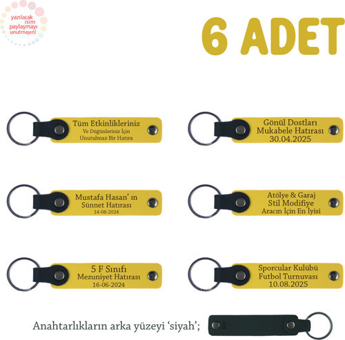 Sarı & Siyah, Butik Mağazanızın Tüm Müşterilerine, 6’Lı Set, Kişiye Özel Yazılı Deri Anahtarlık