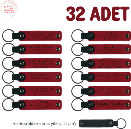 Atölye Çalışmalarına Katılanlara, 32'Li Set, İsim Yazılı Hatıra Deri Anahtarlık, Kırmızı & Siyah
