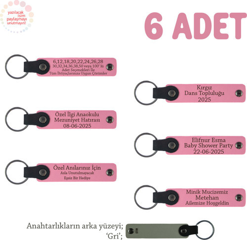 Pembe & Gri, Öğretmene Veda Partisi Hatırası, 6'Lı Set, Öğrenci İsimli Kişisel Deri Anahtarlık