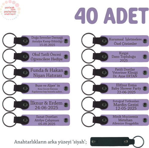 Promosyon Firmalarına Özel Üretim, 40'Lı Set, Marka Yazılı Deri Hediye Anahtarlık, Mor & Siyah
