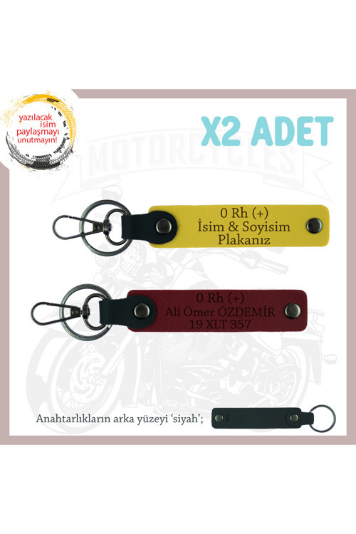 Motor Tutkunlarına İsim Plaka Ve 0 Rh (+) Kan Grubu Yazılı Özel Üretim X2 Anahtarlık, Sarı-Bordo-Syh