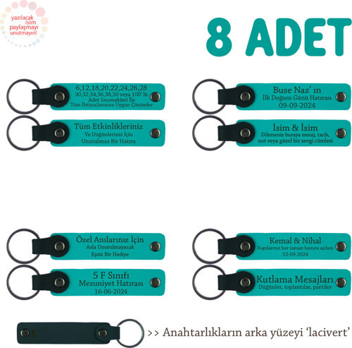 Fotoğraf Sergisinde Hatıra, 8'Li Set, İsme Yazılan Deri Hediyelik Anahtarlık, Koyu Turkuaz & Laci