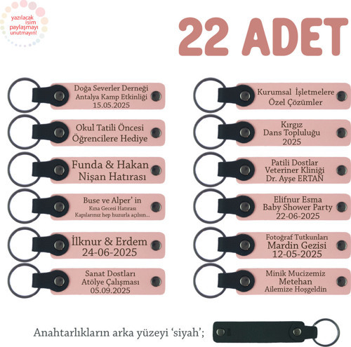 Sene Sonu Sınıf Hediyesi, 22'Li Set, Kişisel İsimli Ve Mesajlı Deri Hatıra Anahtarlık, Pudra & Siyah