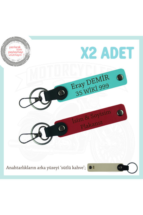 Motorculara Özel Üretilmiş, İsim Ve Plaka Yazılı Kişisel X2' Li Anahtarlık Set, Kırmızı-Turkuaz-Sk