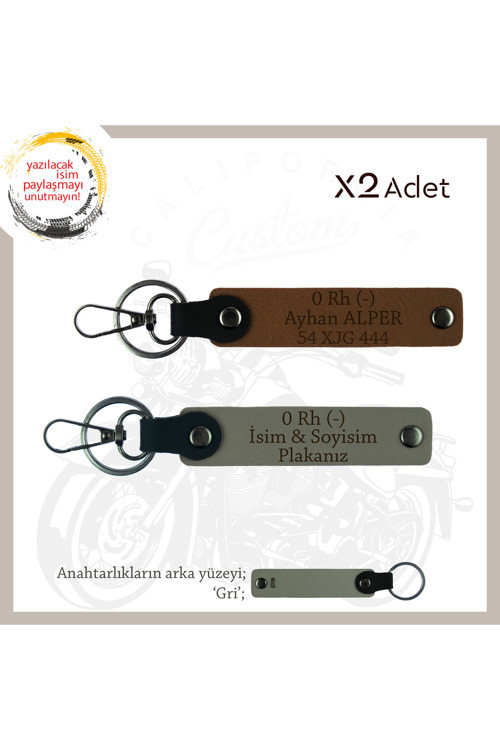 Motor Severlere, İsim Plaka Ve 0 Rh (-) Kan Grubu, Özel Tasarım X2 Anahtarlık Set, Kül Gri-Kahve-Gr