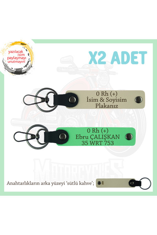 Motorcu Tarzı Plakalı & İsimli Deri X2' Li Anahtarlık, 0 Rh (+) Kan Grubu İle, S Kahve-F Yeşil-Sk